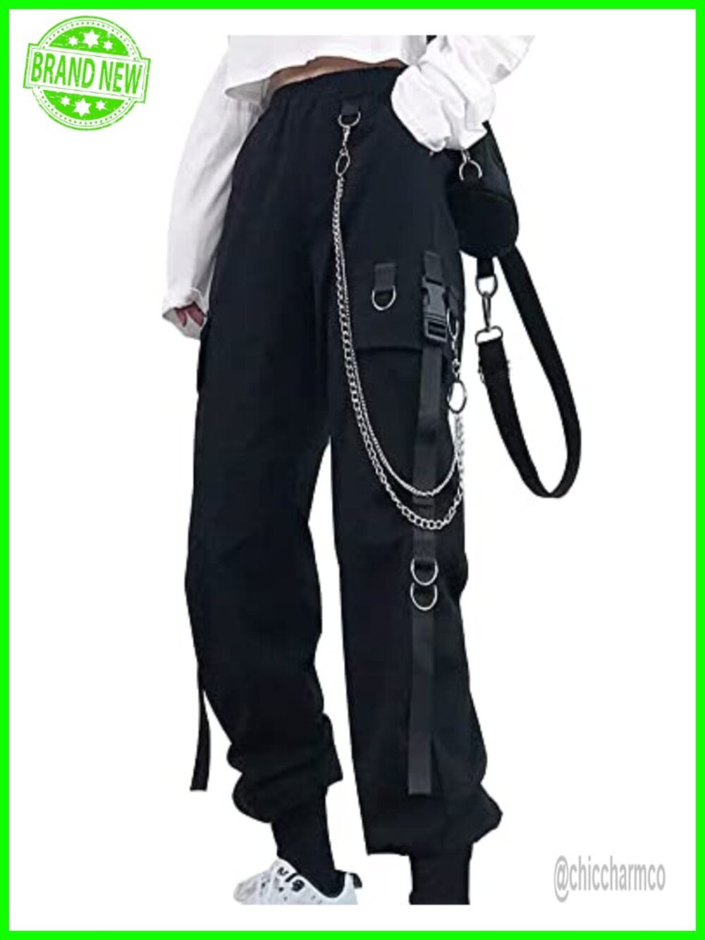 Kisswow High Waisted Baggy Cargo Pants with Chain Pockets